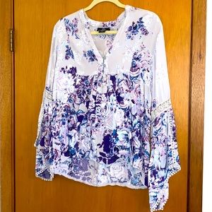 Purple floral shirt with bell sleeves